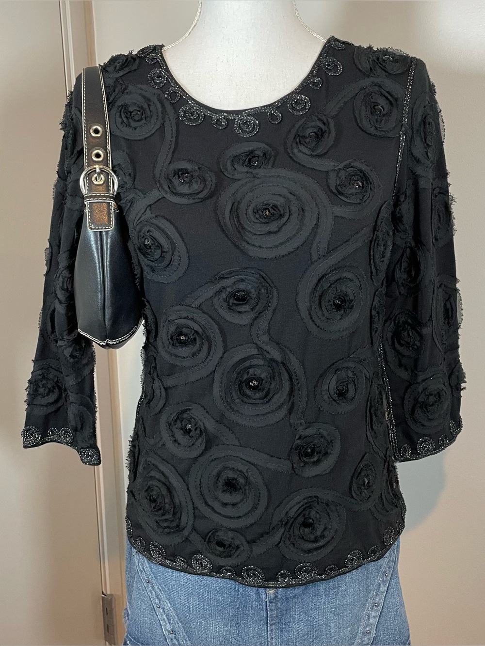 Vintage Art to wear Whimsigoth Floral Rosette Beaded Small Black Blouse